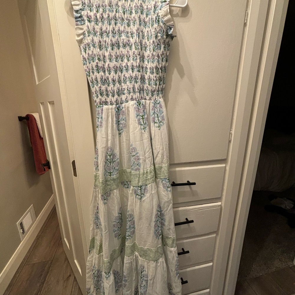 Oliphant smocked Maxi Dress with Ruffle Sleeves